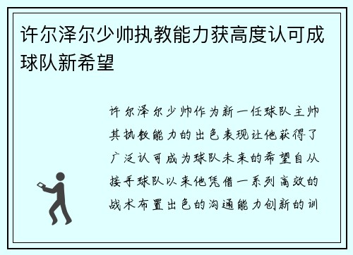 许尔泽尔少帅执教能力获高度认可成球队新希望 许尔泽尔少帅执教能力获高度认可成球队新希望